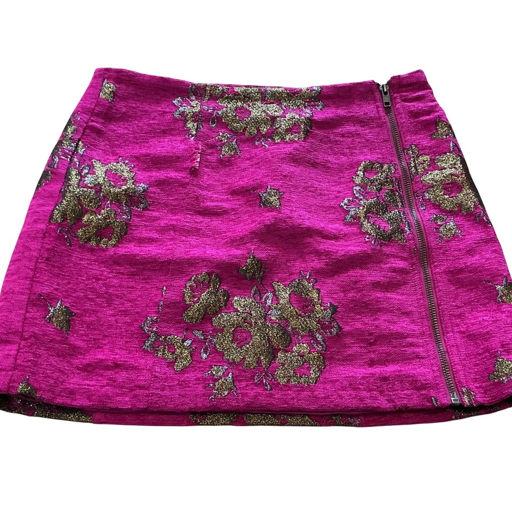 Free People Pink Gold Floral Brocade Side Zip Mini Skirt Size 4 OB1054173 - Picture 3 of 12
